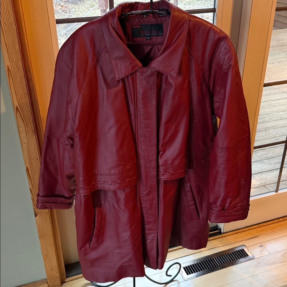 Phase II Vintage Late 80's-90's Red Leather Zippered Long Coat Sz. 3X Lined